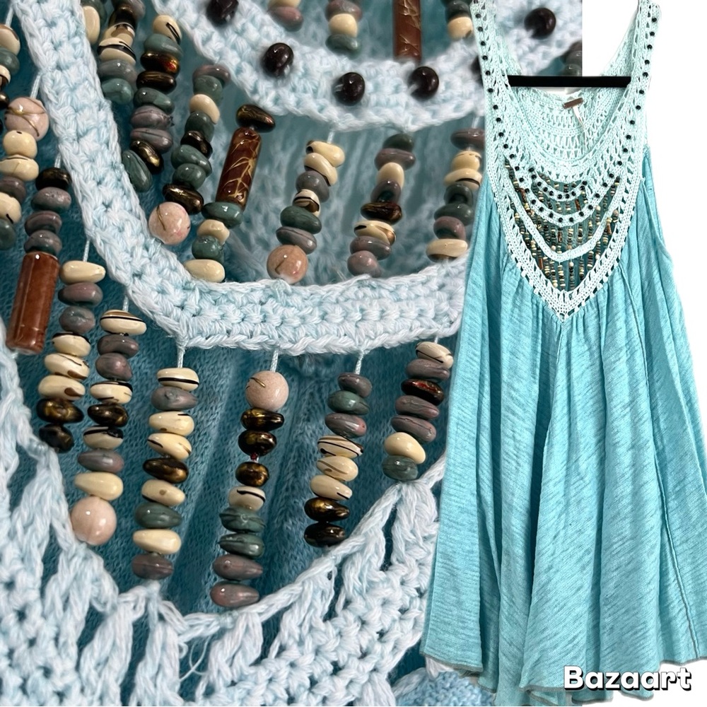 RARE Free People Crochet Beaded Neck Swing Tunic Tank‎ Top Blouse Aqua Blue XS